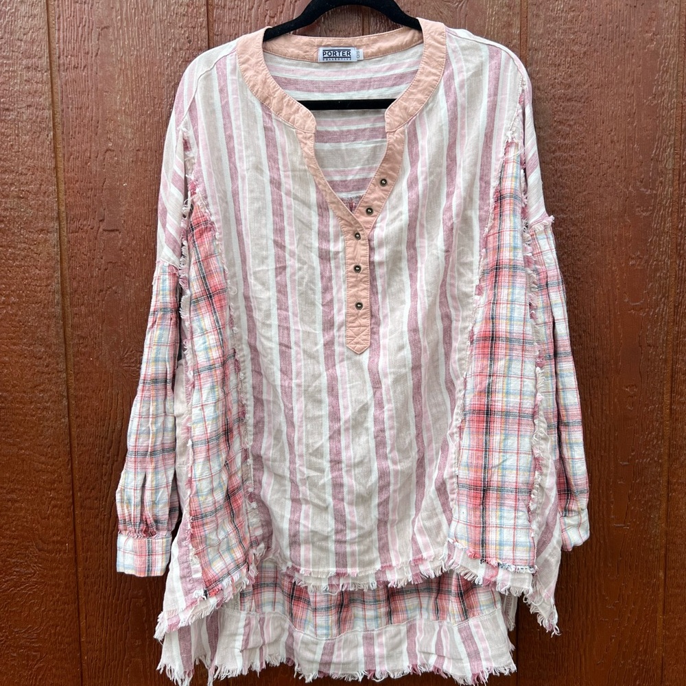 Porter Collective Striped and Plaid mixed media cotton Lagenlook Tunic Top OS